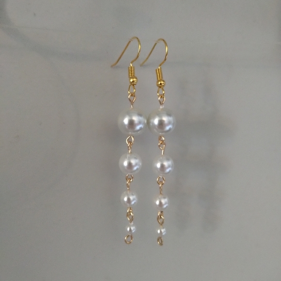 White Glass Faux Pearl Descending Four Tier Dangle Hook Linear Earrings Handmade - Picture 10 of 10